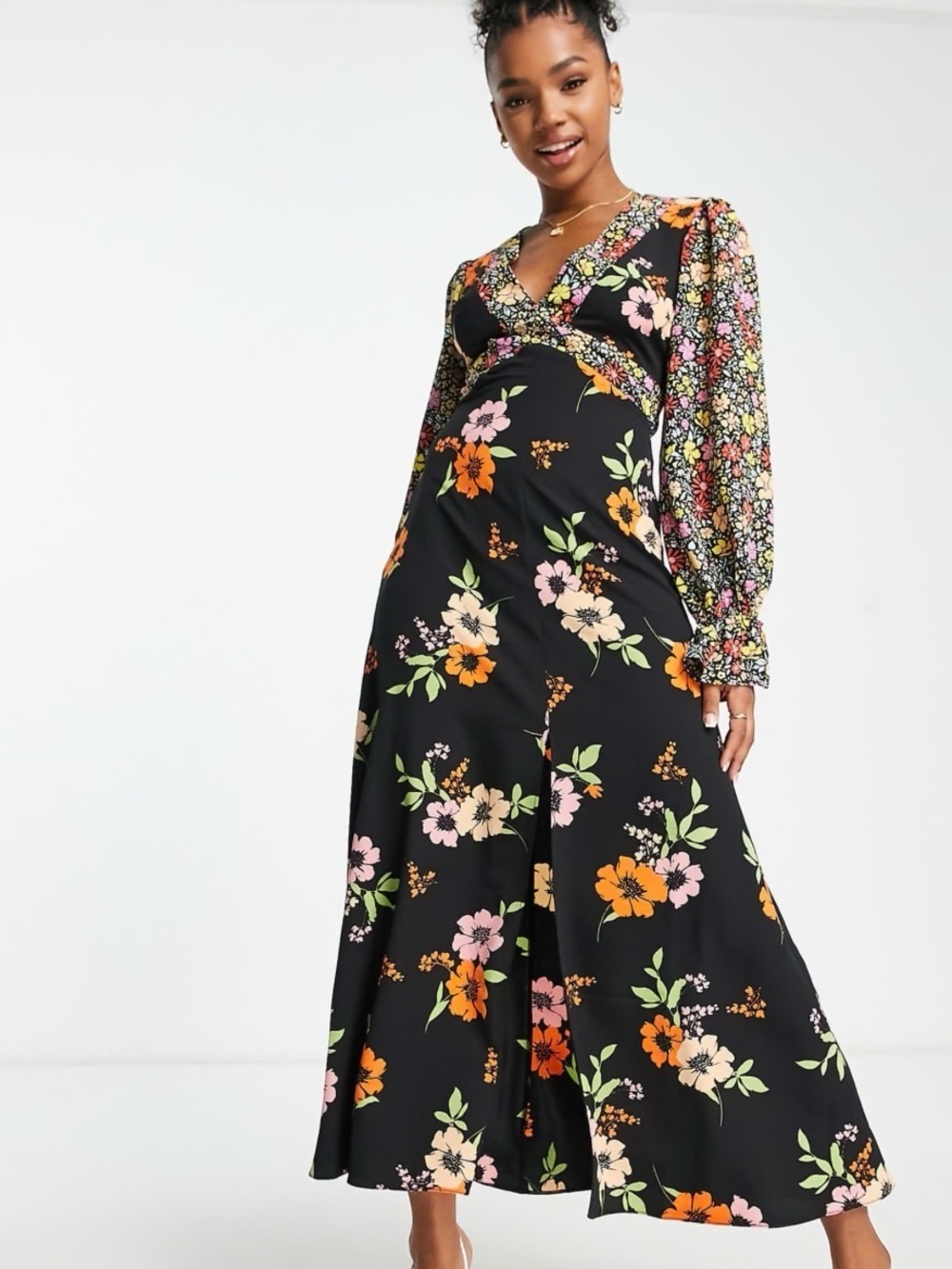 ASOS Design Midi Tea Dress Open Back Mixes Floral Size 2 /XS Long Sleeve